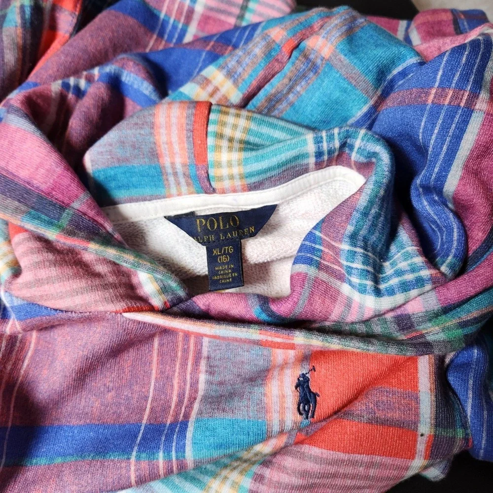 Polo Ralph Lauren Multi-Plaid Pullover Hoodie Youth XL 16 Bright Colors Girl New